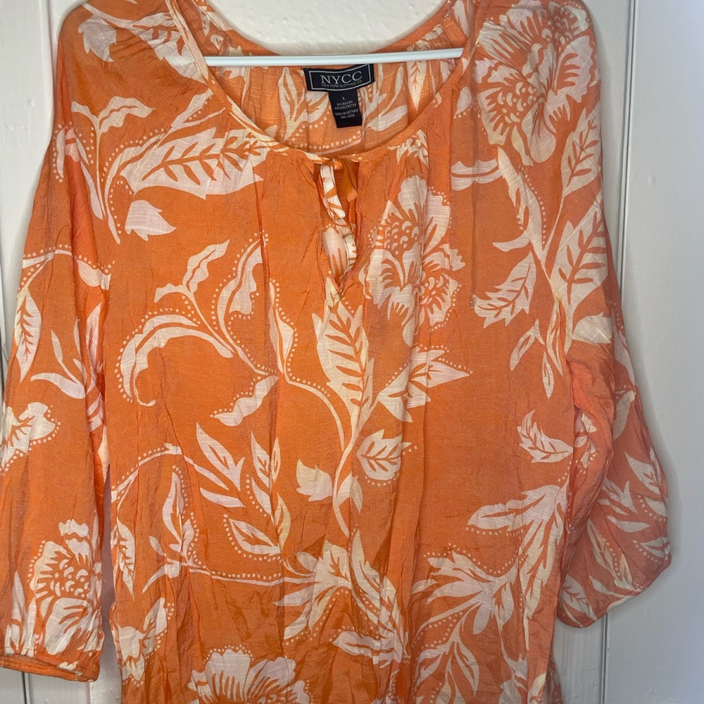 NYC Orange Tie Front Blouse with 3/4 Sleeves